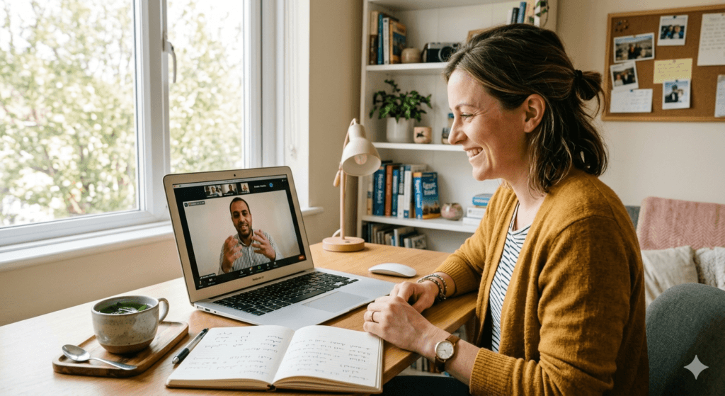 A student uses an interactive video platform to learn Egyptian Arabic online for beginners with a native tutor from eArabicLearning.