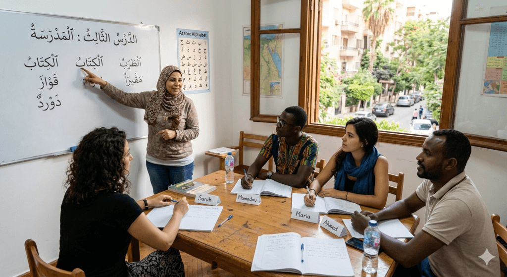 Foreign students learn Arabic in Maadi, Cairo, in a small group class with a native teacher