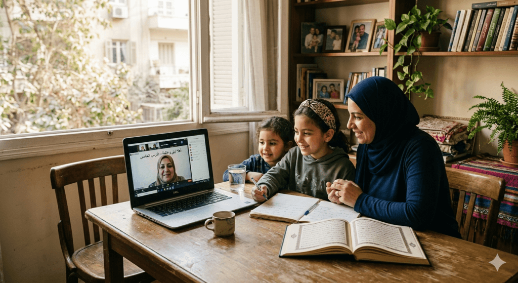Parent and child choosing a Quranic Arabic teacher for their family during an online lesson