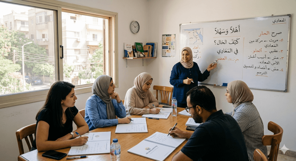 Students in an intensive Arabic course in Cairo studying with a native teacher in a Maadi classroom