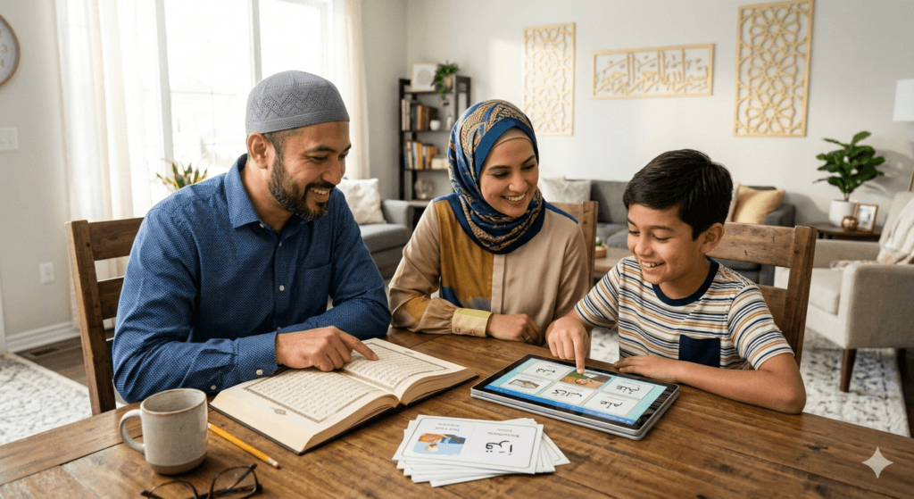 A Muslim family studying Quranic Arabic together at home with an open Quran and a digital tablet.