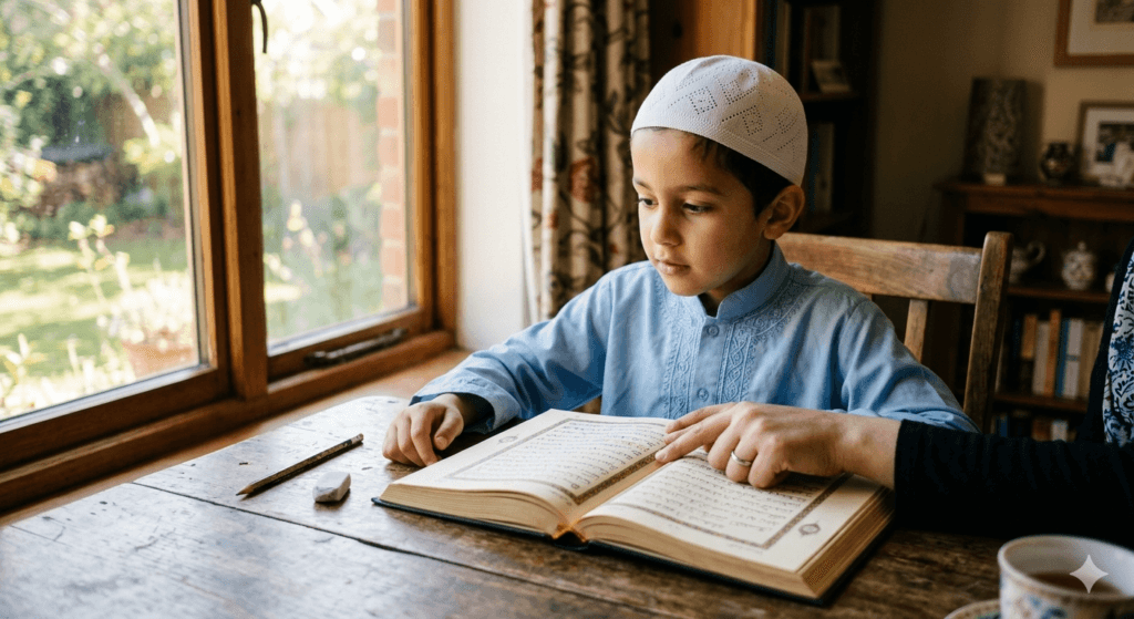 Muslim child learning Quranic Arabic at home with parent guidance and open Quran